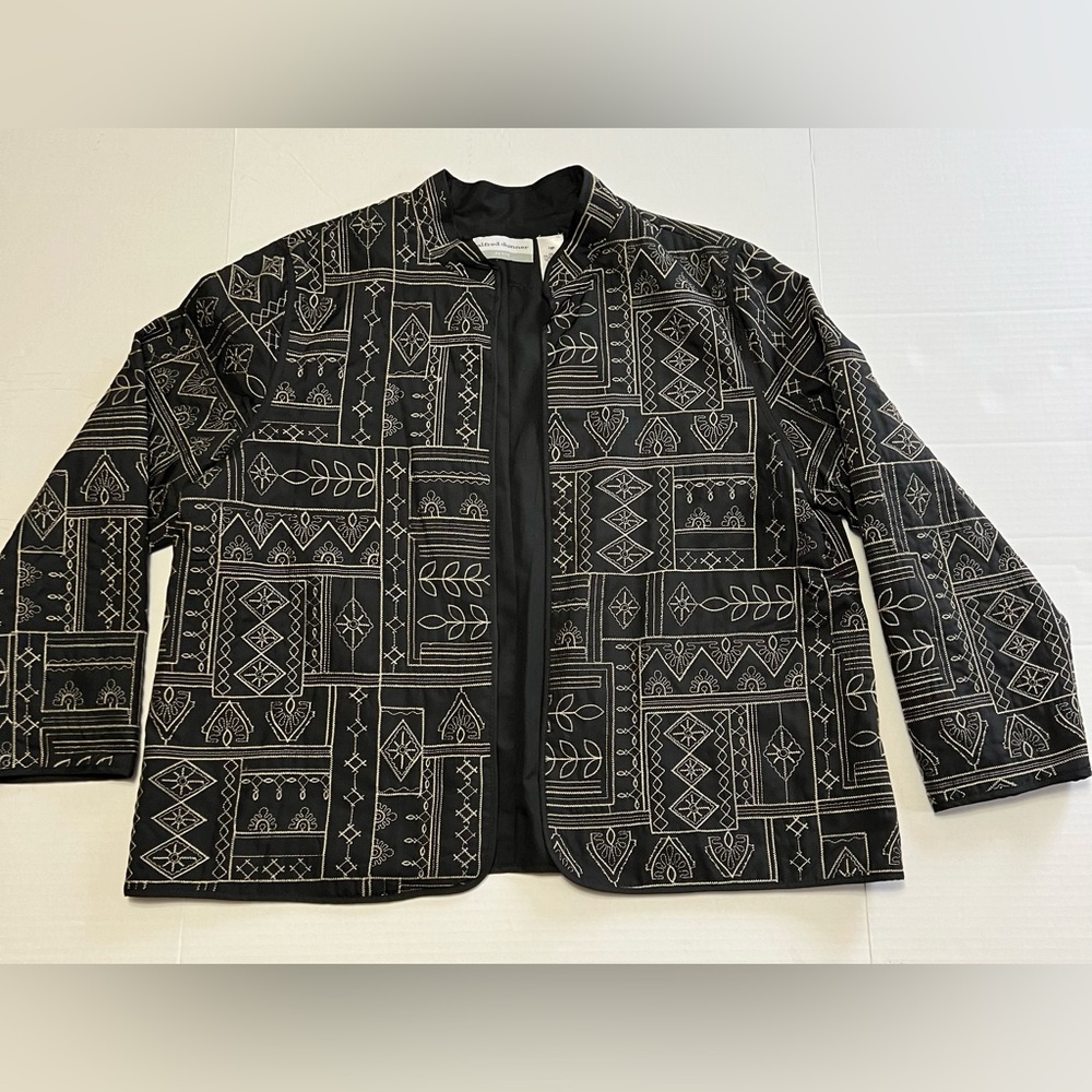 Alfred Dunner Jacket 18 Petite Open Front Embroidered Patchwork Quilted Black